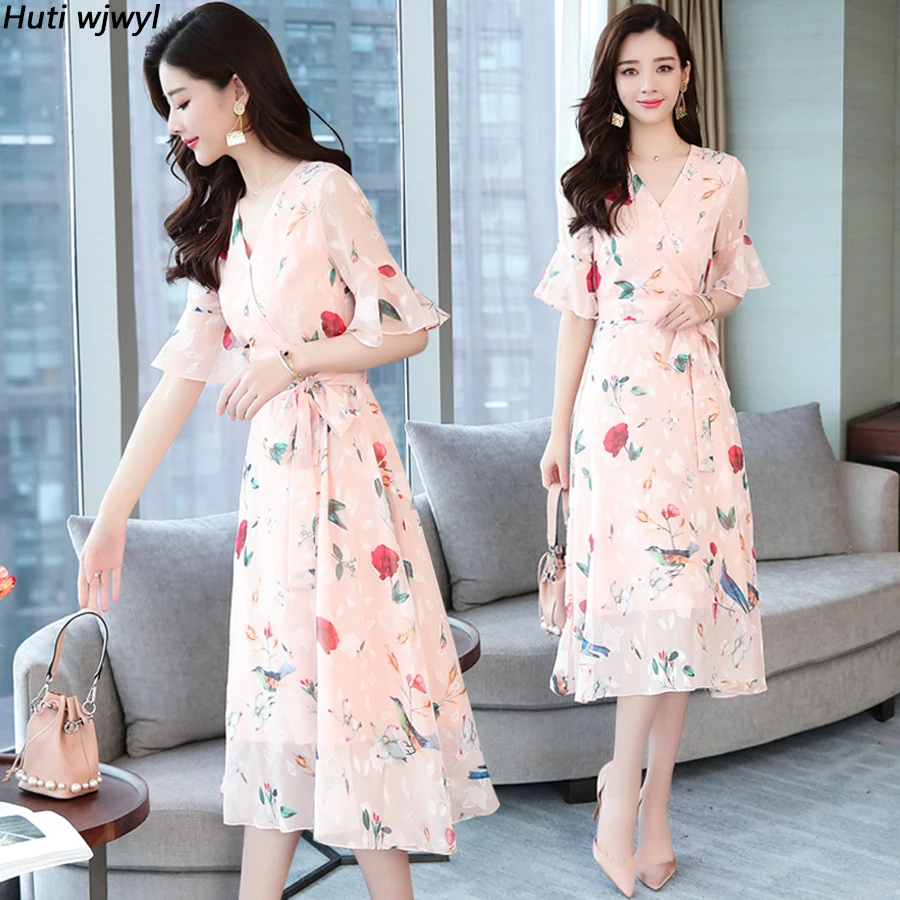 

Summer New Vintage Plus Size Floral Chiffon Sundress 2019 Korean Boho Beach Midi Dress Elegant Women Flare Short Sleeve Vestidos