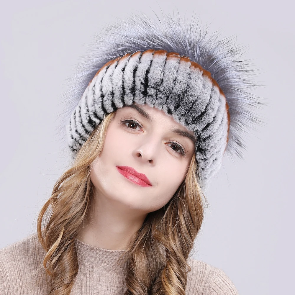 Outdoor Women Warm Soft Genuine Rex Rabbit Fur Hat Knitted Natural Real Sliver Fox Fur Caps Winter Real Rabbit Fur Beanies Hats