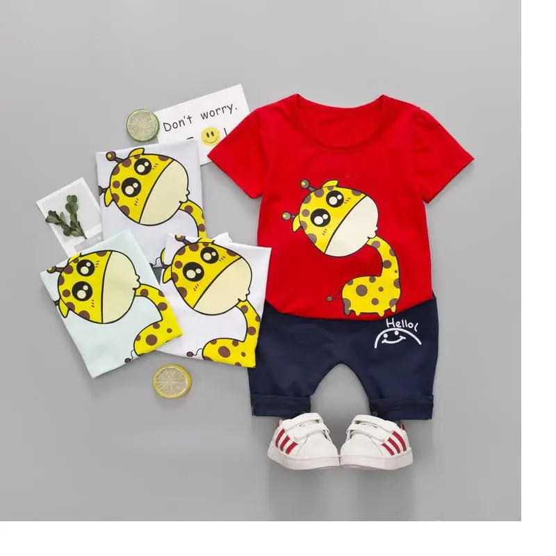 

DIIMUU 2PCs Summer Baby Boy Boys Kids Children Cartoon Letter O-neck T-shirt + Short Pants Clothing Causal Outfits Suits Elastic