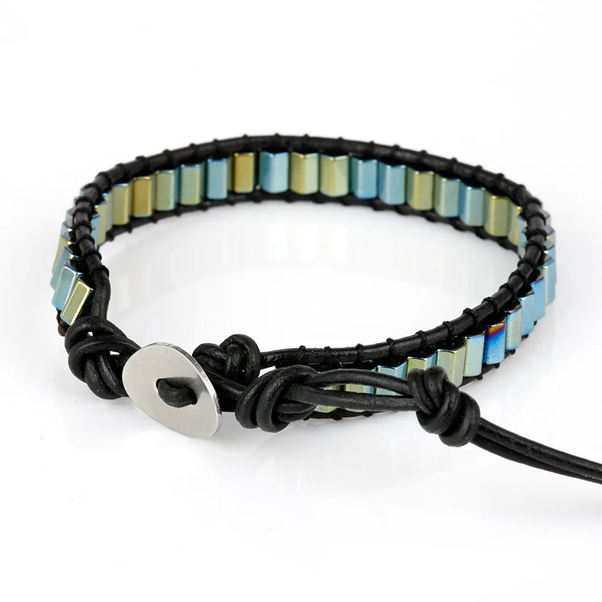Moories Green Hematite Wrap Leather Boho Bracelet Stainless Steel Buckle Women's Bohemian Stones Beads Adjustable Bracelets for Woman (2)