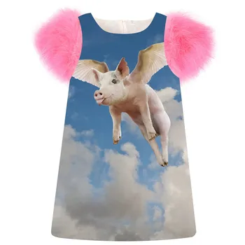 

baby Girls Dress fashion pig printing Spring/Autumn faux fur sleeve girls dress Toddler Kids Dresses Children Clothing