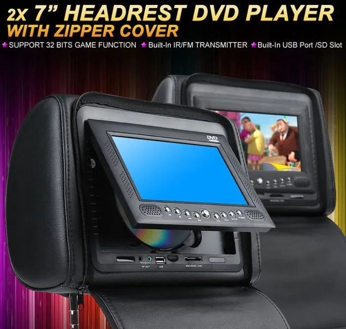 Clearance one pair 2X 7"inch car headrest DVD player,with zipper cover, USB/SD,32 bit wireless Game,IR,FM,for car,3 color optional 1 Clearance one pair 2X 7"inch car headrest DVD player,with zipper cover, USB/SD,32 bit wireless Game,IR,FM,for car,3 color optional 1