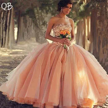 

Luxury Princess Sweetheart Fluffy Tulle Crystal Beaded Diamond Pink Wedding Dresses 2019 New Wedding Gowns Custom Made DW183