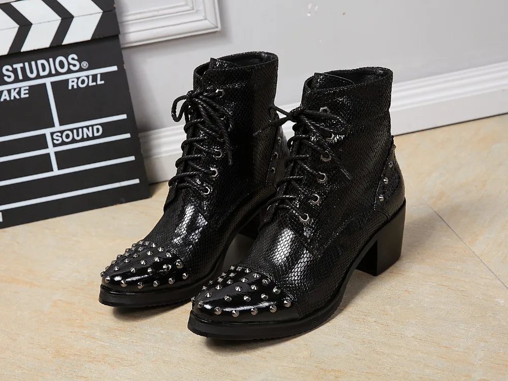 Black Leather High Heel Men Bootie Shoes Embellished Rivets Lace Up ...