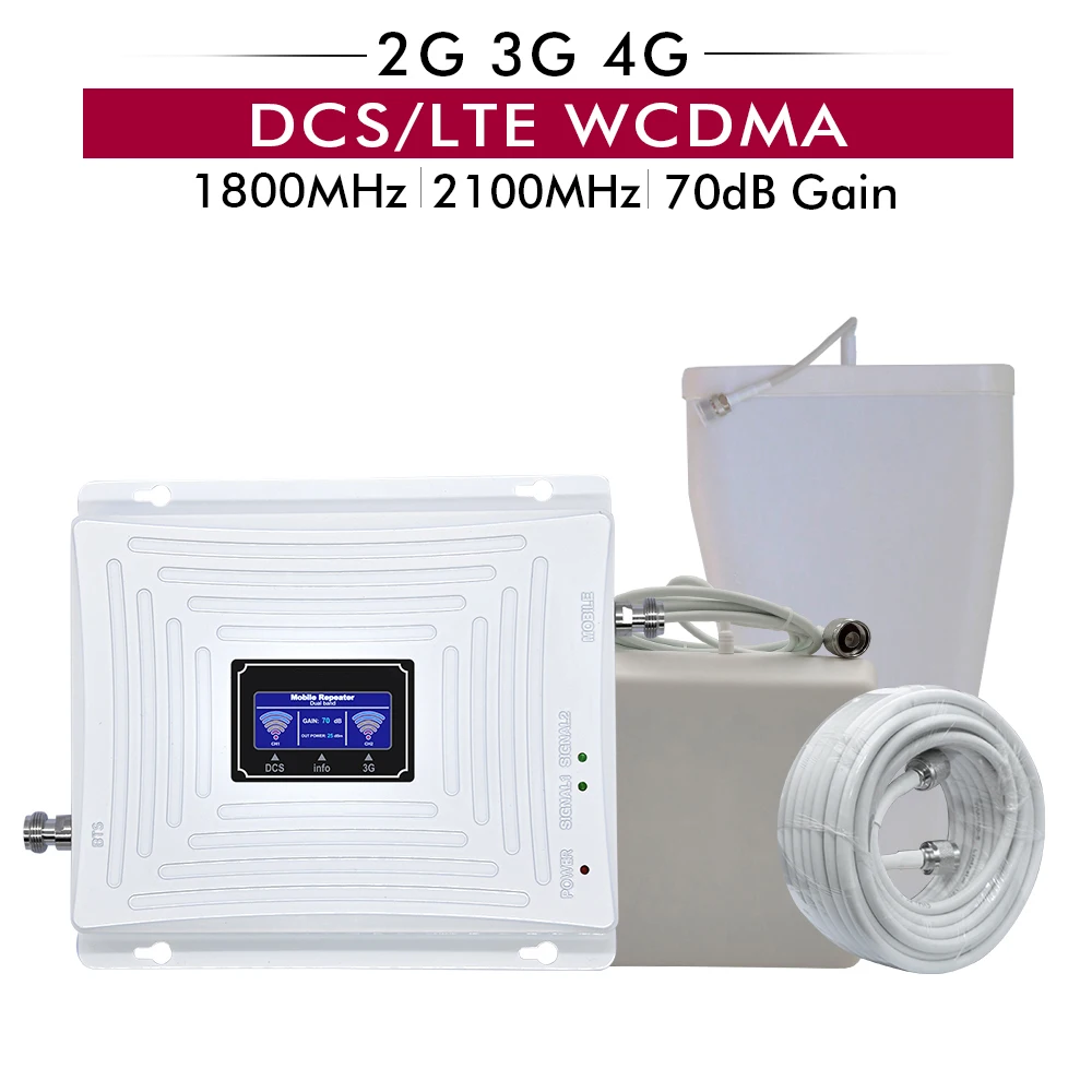 70dB Gain 20dBm Dual Band 4G DCS/LTE 1800 Band 3+Band 1 3G WCDMA 2100 MHz Mobile Phone Signal Cellular Booster Repeater full set
