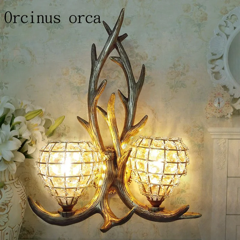 

American retro resin antlers wall lamp aisle dining room bar countryside handmade crystal wall lamp free shipping