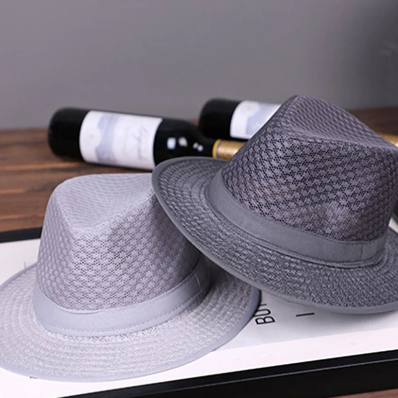 Взрослая мужская соломенная шляпа Fedoras новая дышащая Летняя Сетка модные джазовые шляпы для мужчин солнцезащитный козырек кепки в стиле хип-хоп