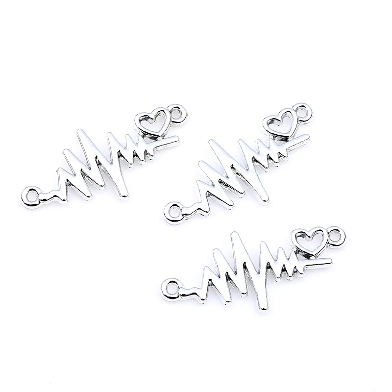 10pcs 33mm Heart Flash Shape Bracelet Connector ECG Link Pendant Charms for DIY Handmade Crafts Jewelry Making Findings Supplies