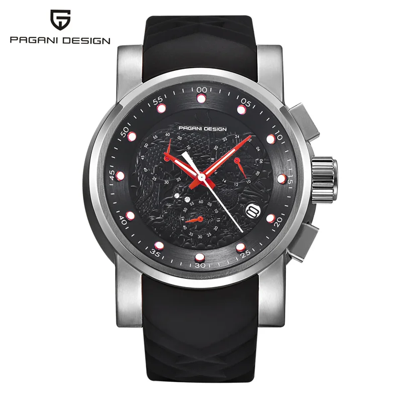 PAGANI Дизайн тисненый Дракон Хронограф Спортивные часы для мужчин люксовый бренд погружение 30 м силиконовый ремешок Кварцевые часы Relogio Masculino - Цвет: white black B