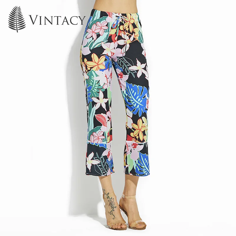 Vintacy plus size Green women pants Floral loose bottoms Wide Legs vacation office pants Female