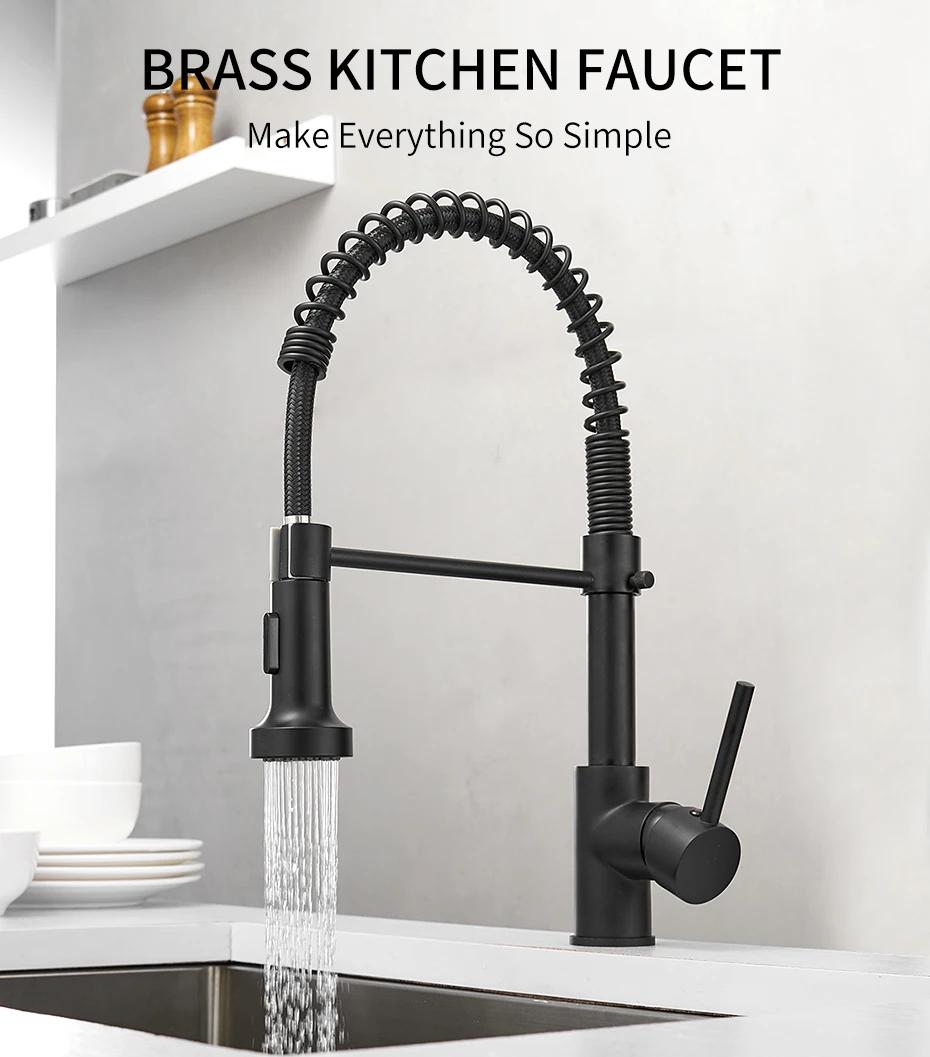 Kitchen Faucets Matte Black Faucets for Kitchen Sink Single Lever Pull Out Spring Spout Mixers Tap Hot Cold Water Crane 9009