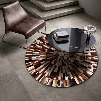 

American style natural brown striped cowhide patchwork rug , hand made round shaped cow skin fur carpet for living room