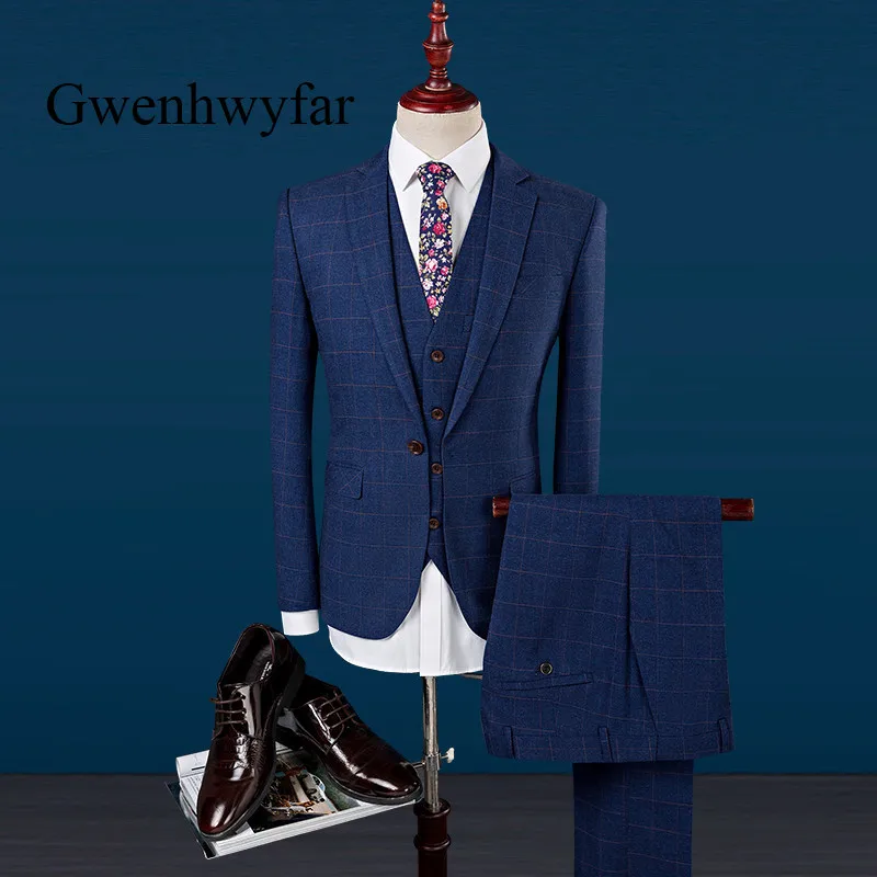Gwenhwyfar 2018 High Quality Plaid Men Suit Blazer Notch