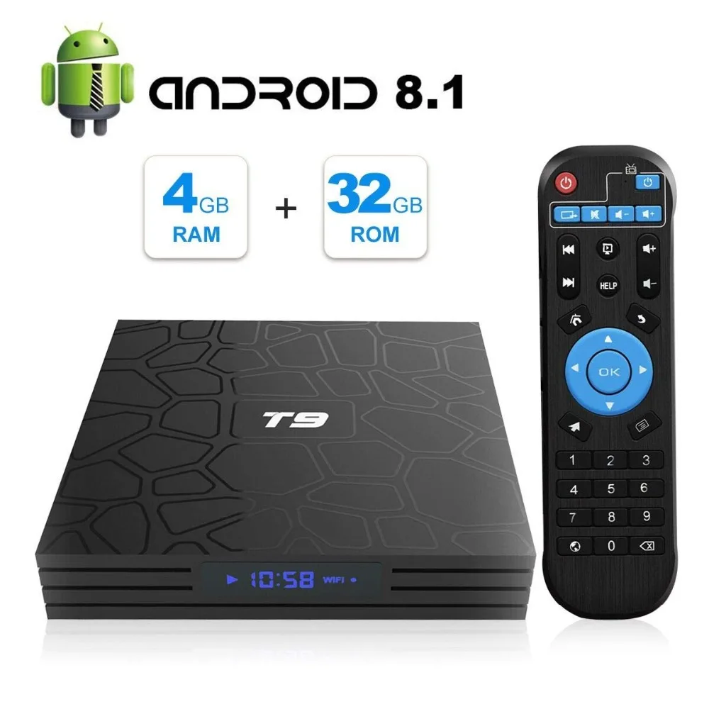 

2018 Leelbox Newest Android 8.1 TV Box T9 4GB 32GB Bluetooth 4.0 Support 2.4GHz WiFi 4K 3D Ultra HD HDMI H265 Google Netflix TV