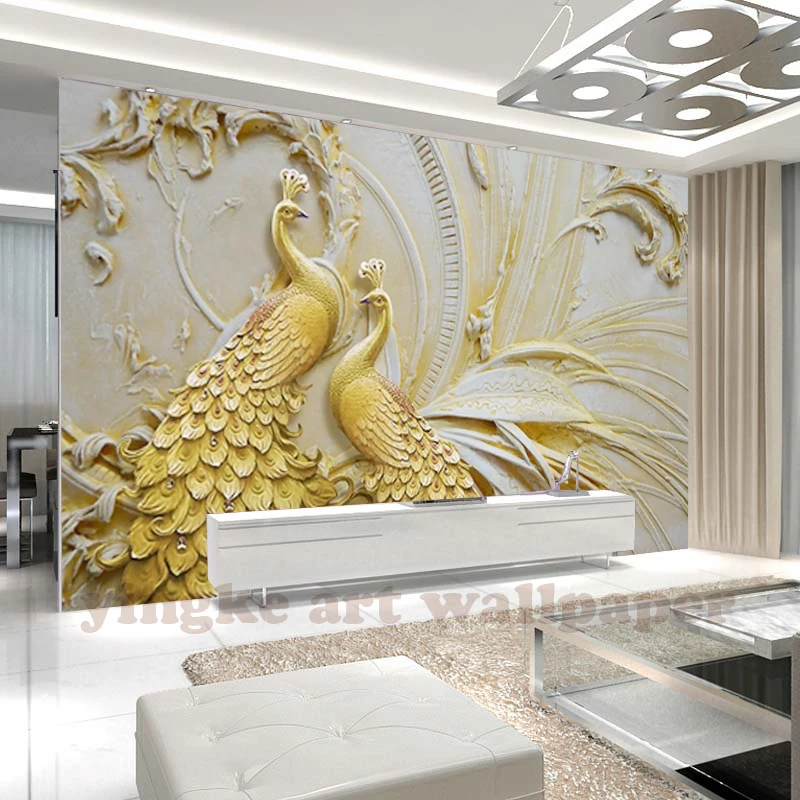 3d stereo Relief golden peacock Wall Murals Embossed Non-Woven for Bedroom TV Background Mural Wallpaper living room | Обустройство