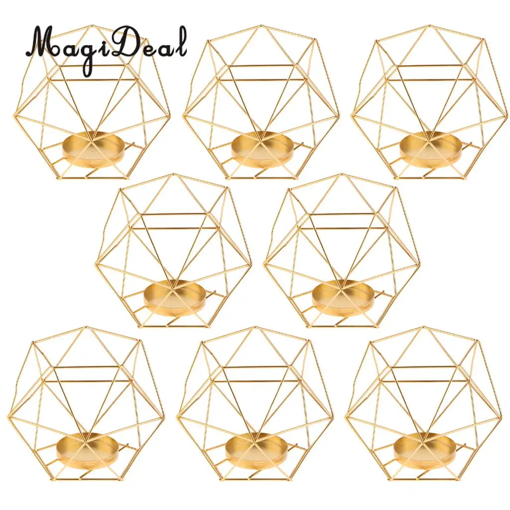 MagiDeal 8Pcs 3D Geometric Wedding Candlestick Votive Candle Tealight Holder Golden