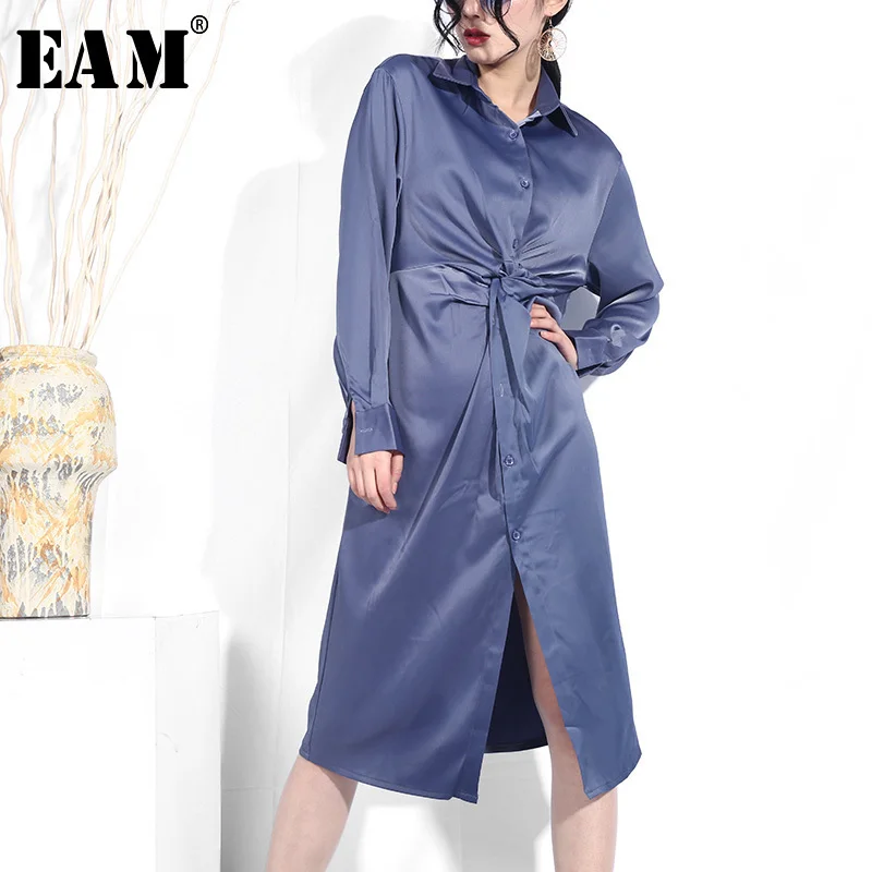 

[EAM] 2019 New Spring Summer Fashion Tide Apricot Turn-down Collar Long Sleeve Single Breasted Irregular Pleated Woman Dress S95