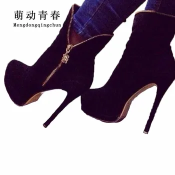 

New Women Boots Fashion Europe Brand Platform Round Toe High Heels Boots Autumn Winter Sexy Side Zipper Nightclub Ankle Boots