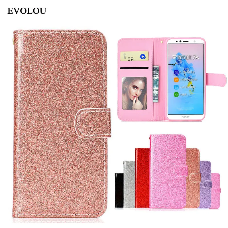 Glitter Bling Flip Wallet Cover for Huawei Honor 7A Pro Case Y6 Prime 2018 Leather Case for Honor 7A 5.45 inch Stand Phone Bag