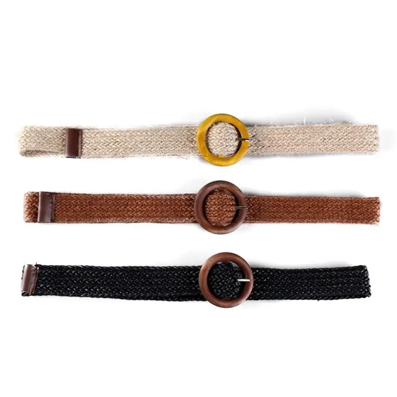 

Women Fashion Casual Wooden Button Belt For Women Elastic Straw Belt Decoration for Dress Belt Casual Female Belt Accessories
