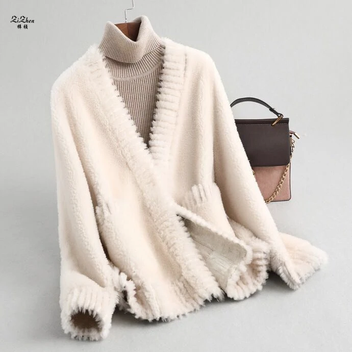 

ZiZhen Natural Wool Lamb Fur Real fur Overcoat With V-Neck Solid Jacket short Spring Autumn New Female Woman 190606-9,59341