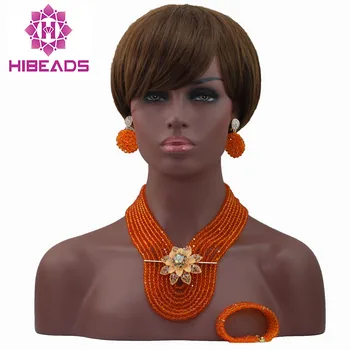 

New Light Orange Chunky Crystal African Beads Jewelry Set 8 Layers Crystal Necklace Drop Earrings Set Free Shipping WD323