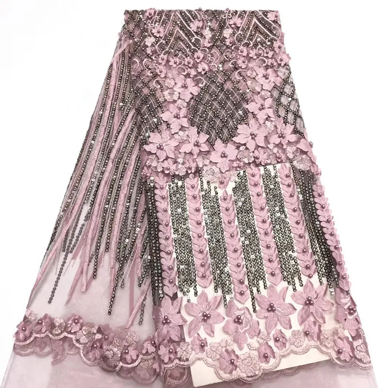 

Nigeria Fashion 3d Flower Embroidery French Lace Sequin Net Lace Fabric High Quality African Tulle Lace Fabric with Beads X1430