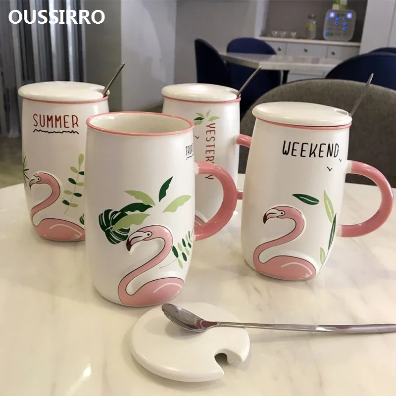 

OUSSIRRO Flamingo Pattern Natural Marble Porcelain Coffee Mug Tea Milk Cup Creative Wedding Anniversary Gift