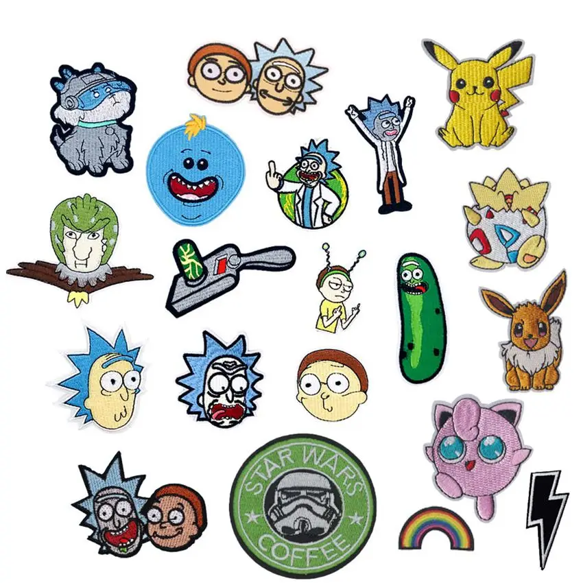 1Pc New Arrival Pikachu Characters Rick and Morty Patch Embroidered Applique Iron On Patch design DIY Sew Iron On Patch Badge