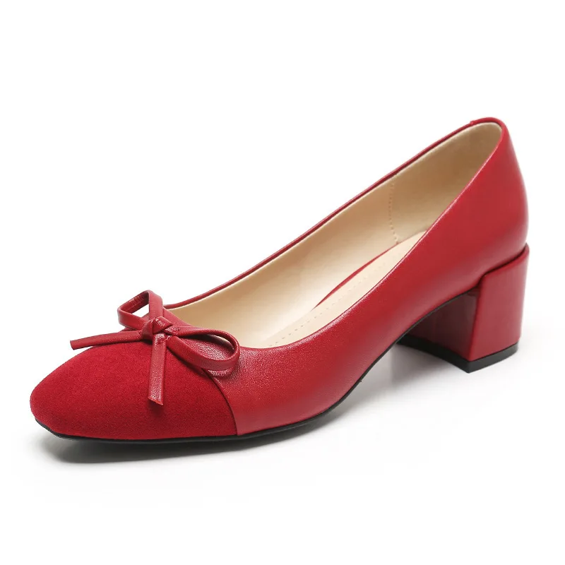 

2019 autumn new fashion simple solid color high heel women suede comfortable bow decoration casual rough heel high heels