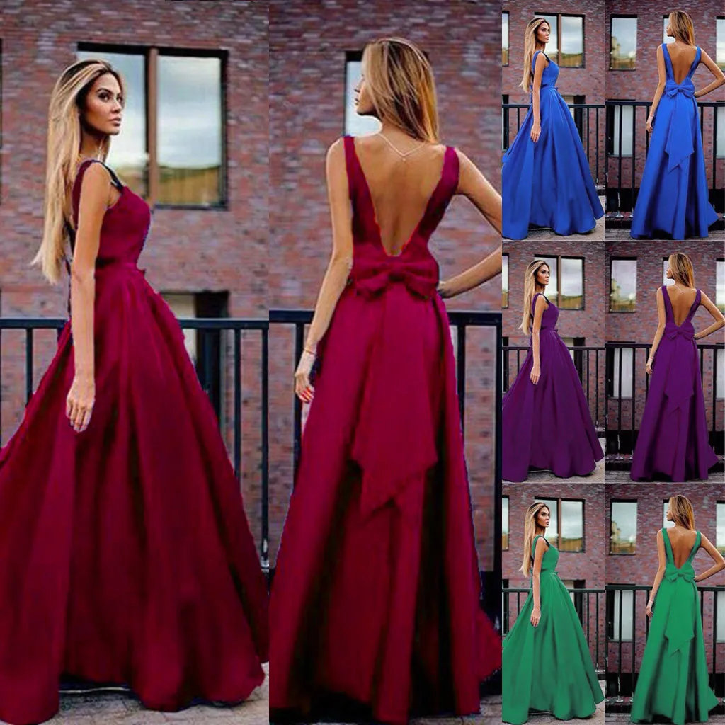 

2019 dress for women party night dinner dress Women Summer Solid Sexy Backless Elegant With Bow Long Dresses Club Maxi Dress