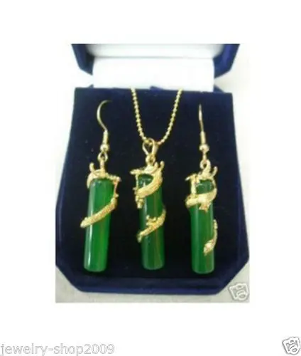 

FREE SHIPPING>>@> Jewelry Green jade dragon necklace pendant earring sets AAA 18K gold plated watch Quartz stone crystal Natural