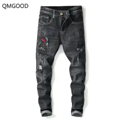 QMGOOD черные рваные вышитые джинсы мужские высокого качества Брендовые повседневные мужские джинсы из денима, тянущиеся узкие джинсы