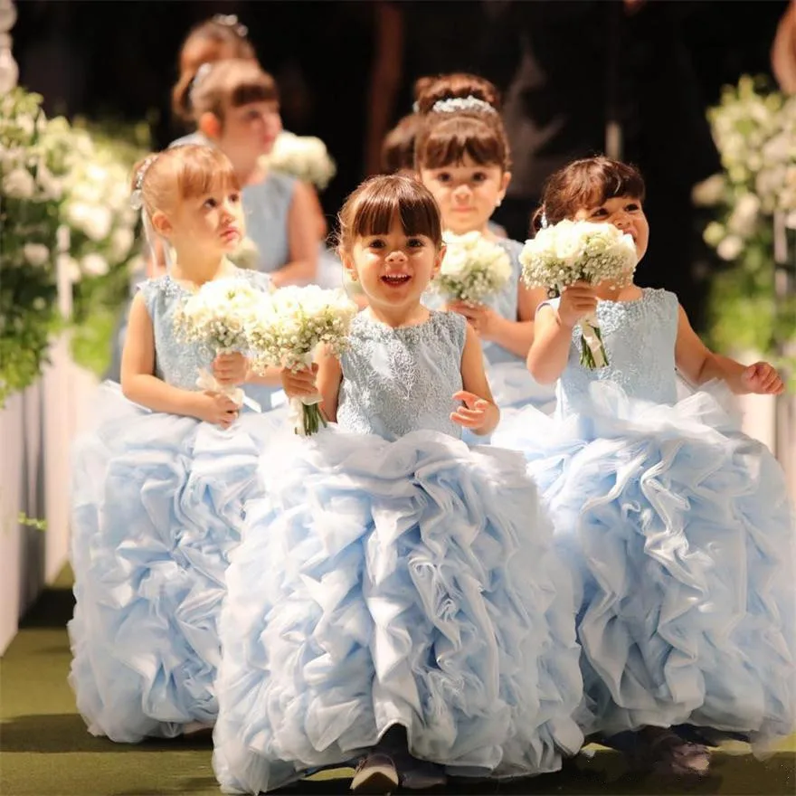 

New Cute Light Blue Flower Girls Pageant Dresses Sheer Crew Neck Appliques Ball Gown Princess Beaded Tiers Ruffles Kids Cloth