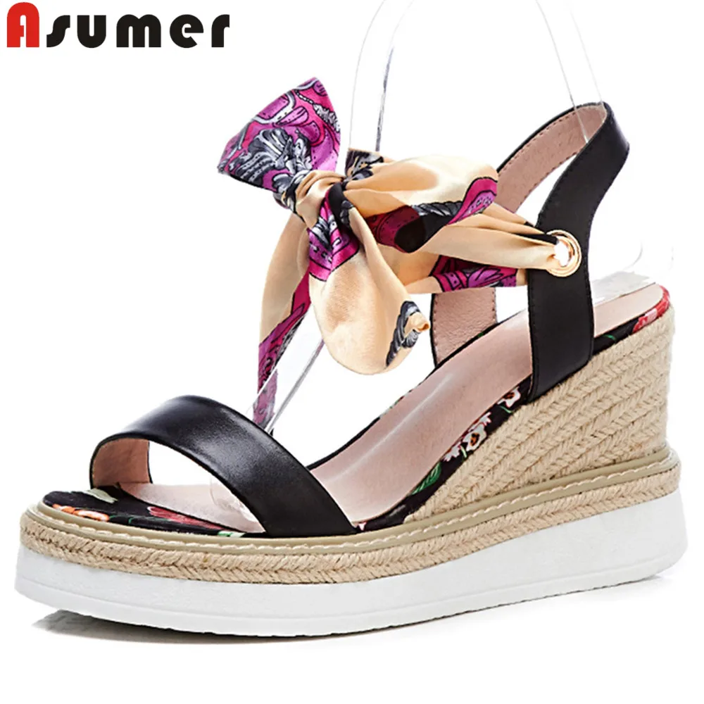

ASUMER black apricot fashion summer new arrival shoes woman cross tied bowknot sandals women genuine leather shoes wedges shoes