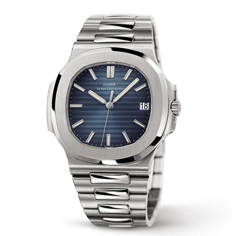 LGXIGE patek Топ Элитный бренд Модные мужские Бизнес часы водостойкие наручные часы нержавеющая сталь Relogio Masculino - Цвет: Silver blue
