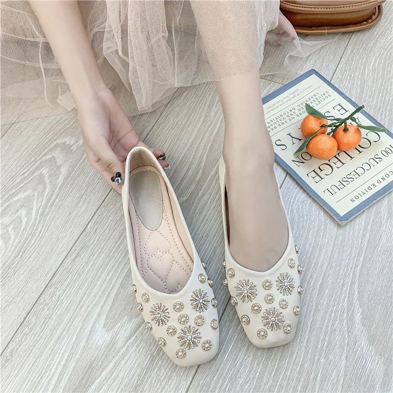 Women's Shoes Crystal Shape Flats Round Toe Ladise Casual Rhinestone Low Heel Flat Female Elegant Zapatos | Обувь