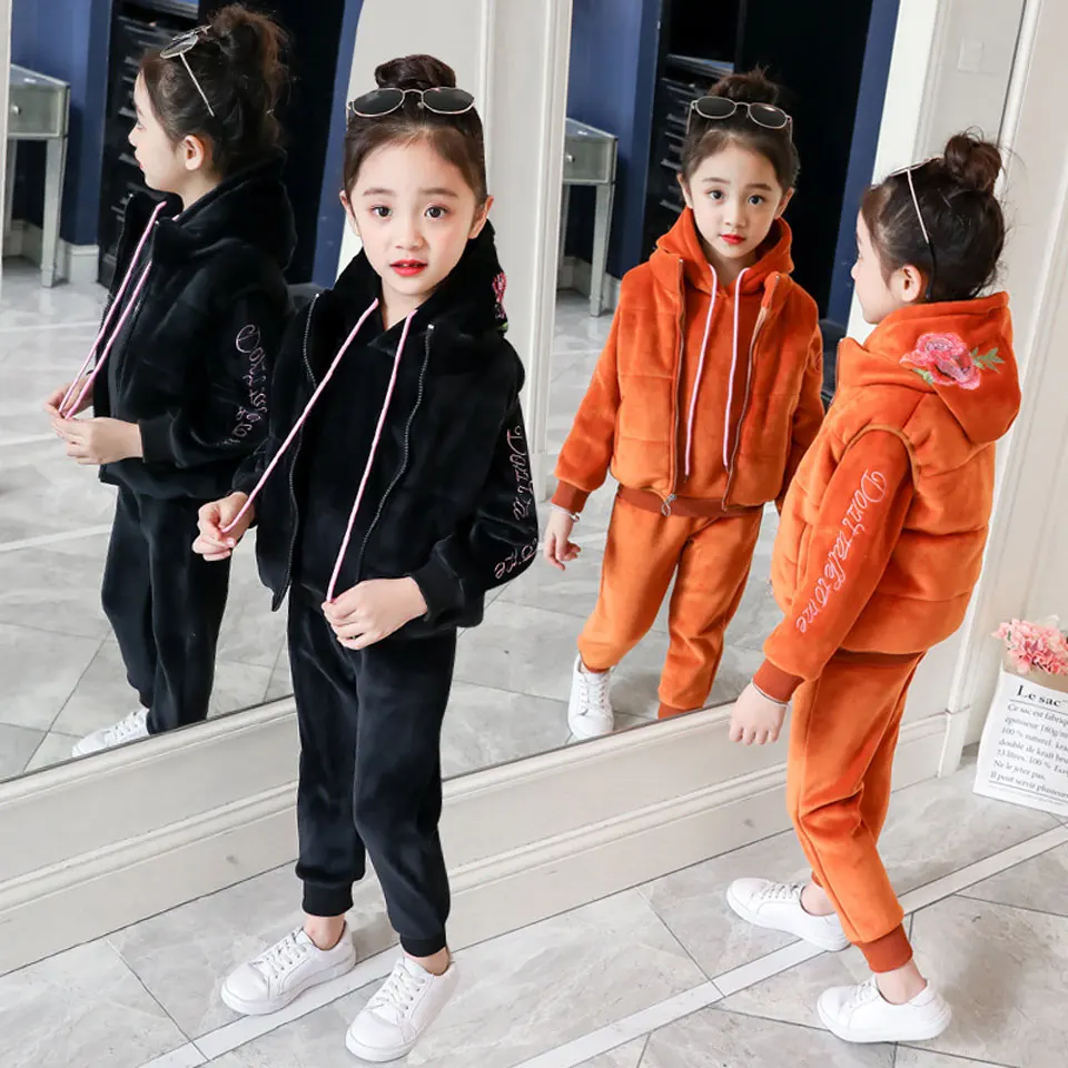 

Girls Clothing Sets Autumn Winter kids Kasual Thick Velvet Sports Suits 3pcs for Girls Children Clothes Tracksuits