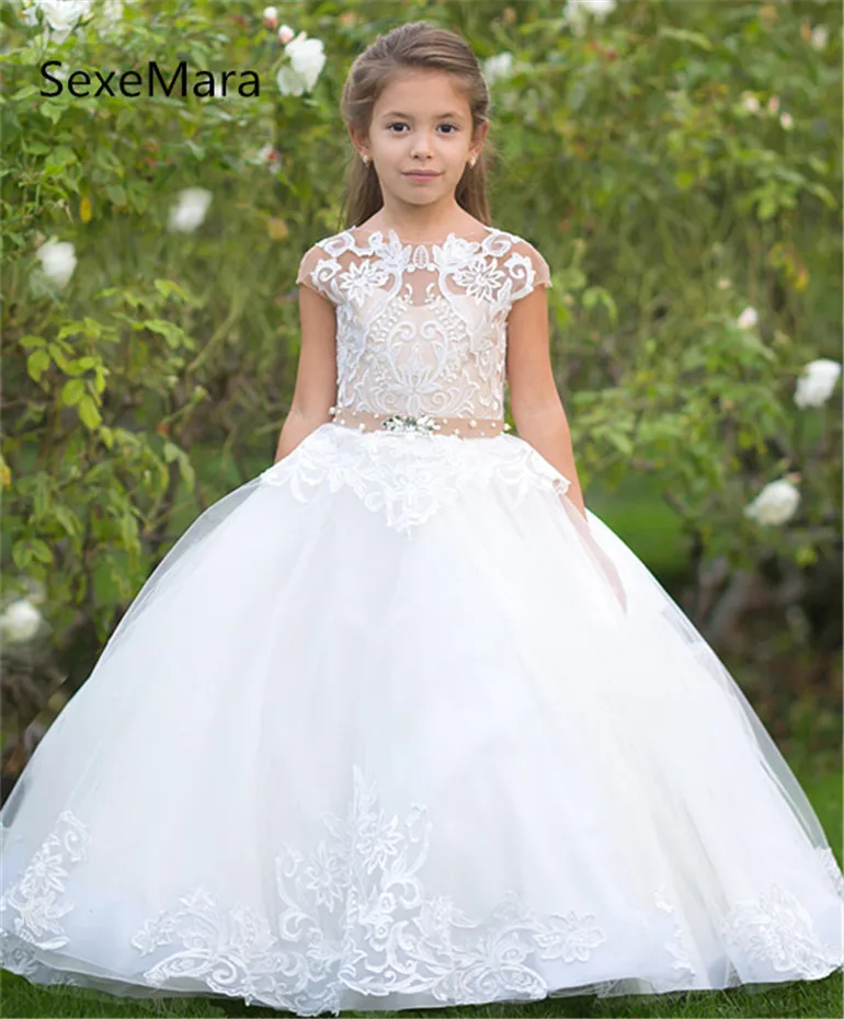 Nieuwe Collectie Baljurk Bloem Meisje Jurk voor Bruiloft Kant Parels Prinsesje Eerste Communie Jurk Kerst Jurk met Sash