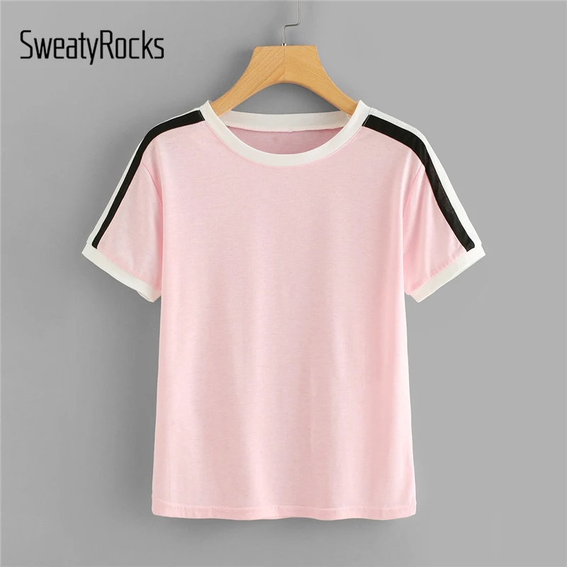 SweatyRocks, полосатая футболка с рукавом, уличная одежда, короткий рукав, модная кавайная футболка, лето, повседневные женские базовые розовые Топы