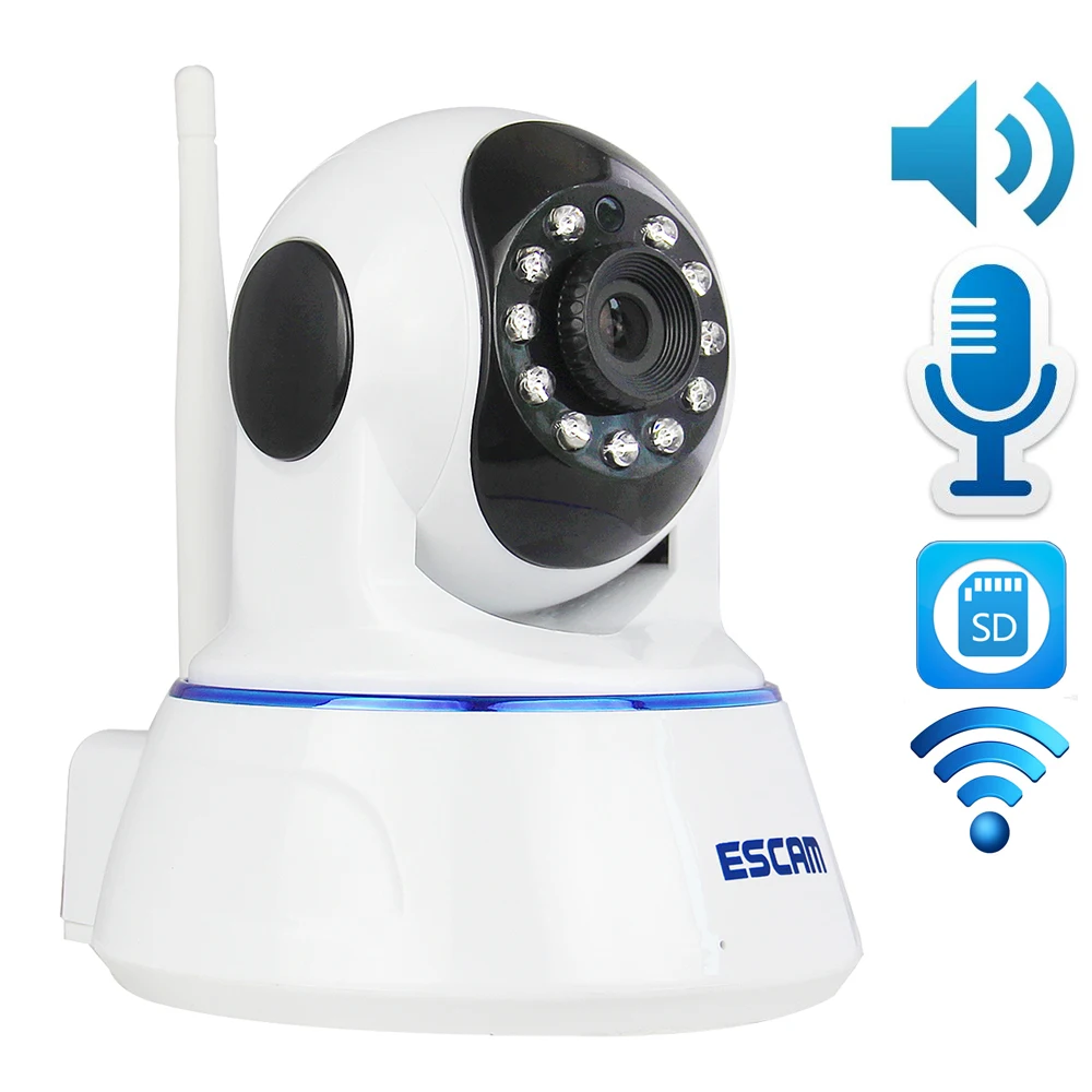 Escam QF002 720P HD WIFI IP Camera Wireless MegaPixel P2P IR PT Network Night Vision Microphone Pan Tilt with Micro SD Card Slot escam qf100 p2p ip camera 720p hd wifi wireless baby monitor pan tilt security camera onvif night vision support micro sd card