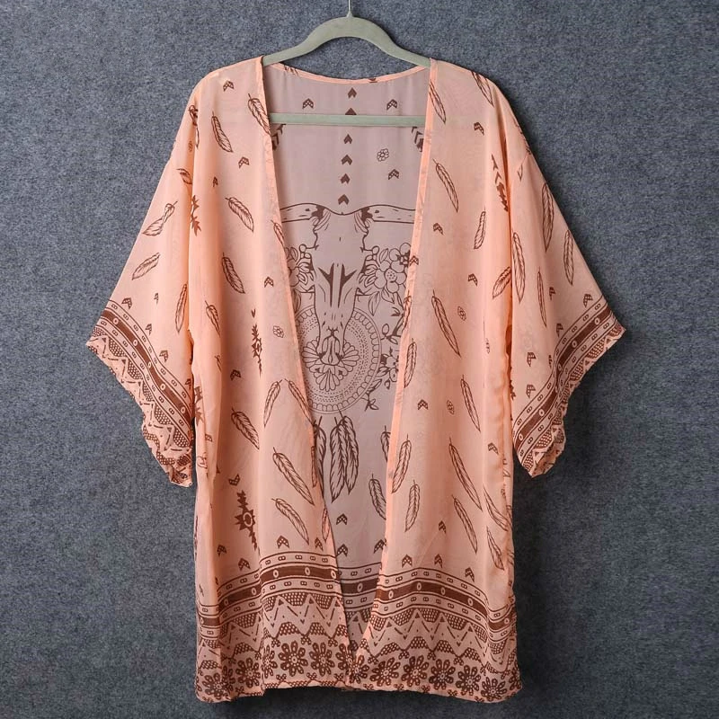 2018 Women Shirt Kimono Boho Cardigan Vintage Geometric Print Blouse Loose Shawl Cape Knits Bohemian Coat Jacket Two Color