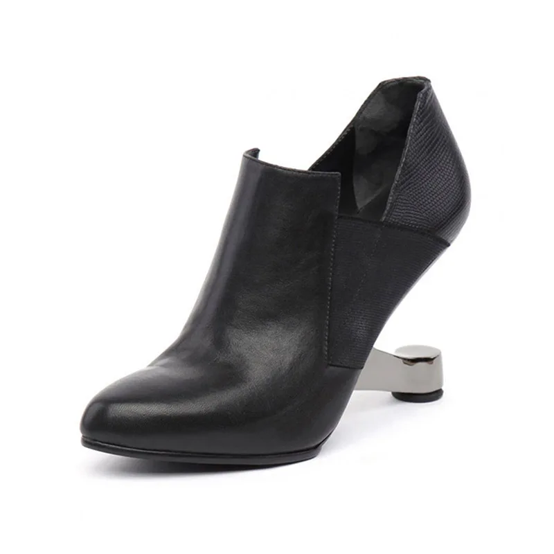 WETKISS/кожа коровы лодыжки Для женщин сапоги круглый носок молния обувь женские ботинки Необычные Обувь для торжеств на высоком каблуке Женская Осенняя обувь - Цвет: Черный
