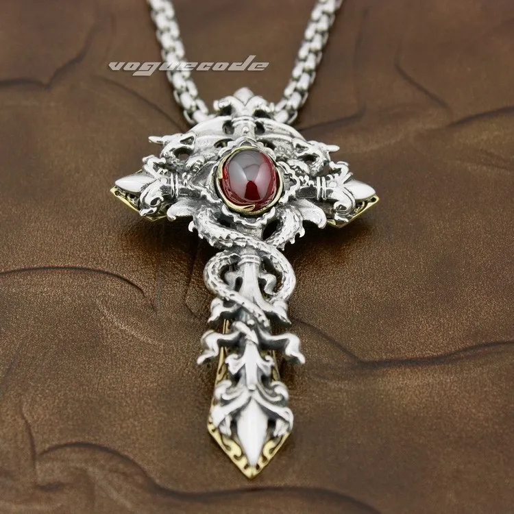925 Sterling Silver Dragon Twine Brass Cross Sword Red CZ Mens Pendant 8X003(Necklace 24inch) цена 925 Sterling Silver Dragon Twine Brass Cross Sword Red CZ Mens Pendant 8X003(Necklace 24inch) цены онлайн
