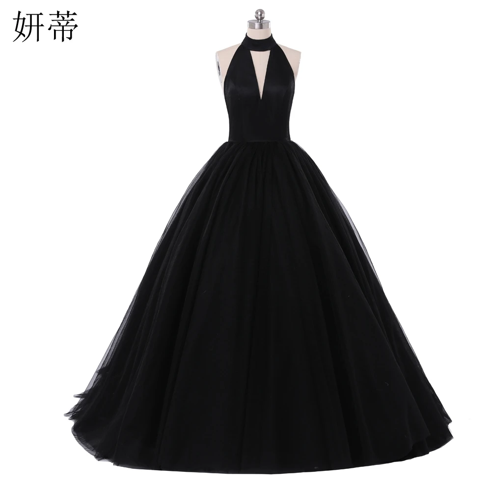 

Elegant Charming Evening Prom Dress Classic Halter V-neck Backless Sleeveless Pleat Long Formal Gown Floor-Length Black