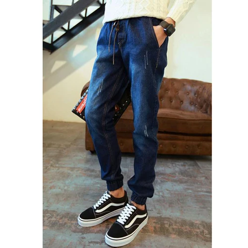 Стильные мужские джинсы с эластичной резинкой на талии, джинсовые штаны-шаровары с манжетами для подростков, синие штаны с завязками на лодыжке для мальчиков, штаны, 28-34 - Цвет: Синий