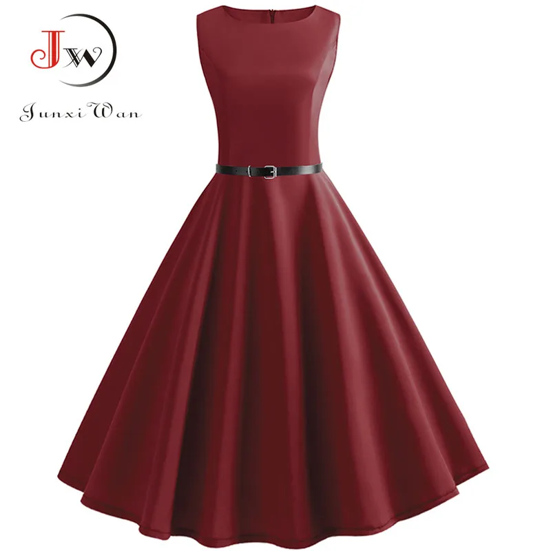 

Red Sleeveless Elegant Office Party Dress Women Summer Casual Midi Dresses 50s 60s Vintage Robe Femme Rockabilly Swing Dress