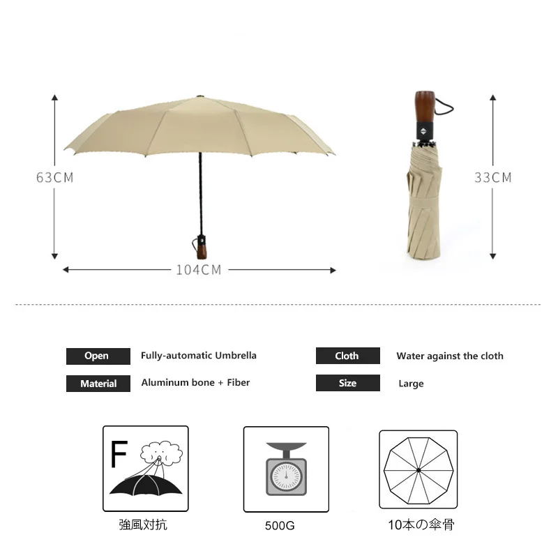 Зонт с круглой ручкой для мужчин полностью автоматический 3 складной 10 ребра сильный ветер резистивный зонт для женщин бизнес путешествия подарки