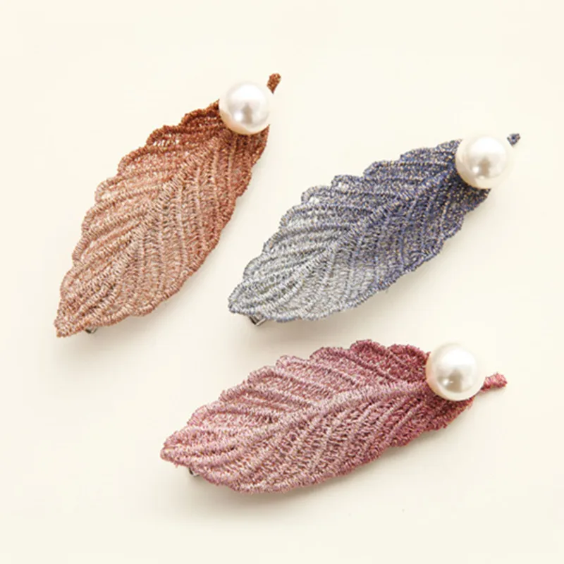 

New Fashion Leaf Shape Hair Clip Headwear Barrettes Retro Imitation Pearl Cloth Leaves Hairpin Hair Accessories For Woman