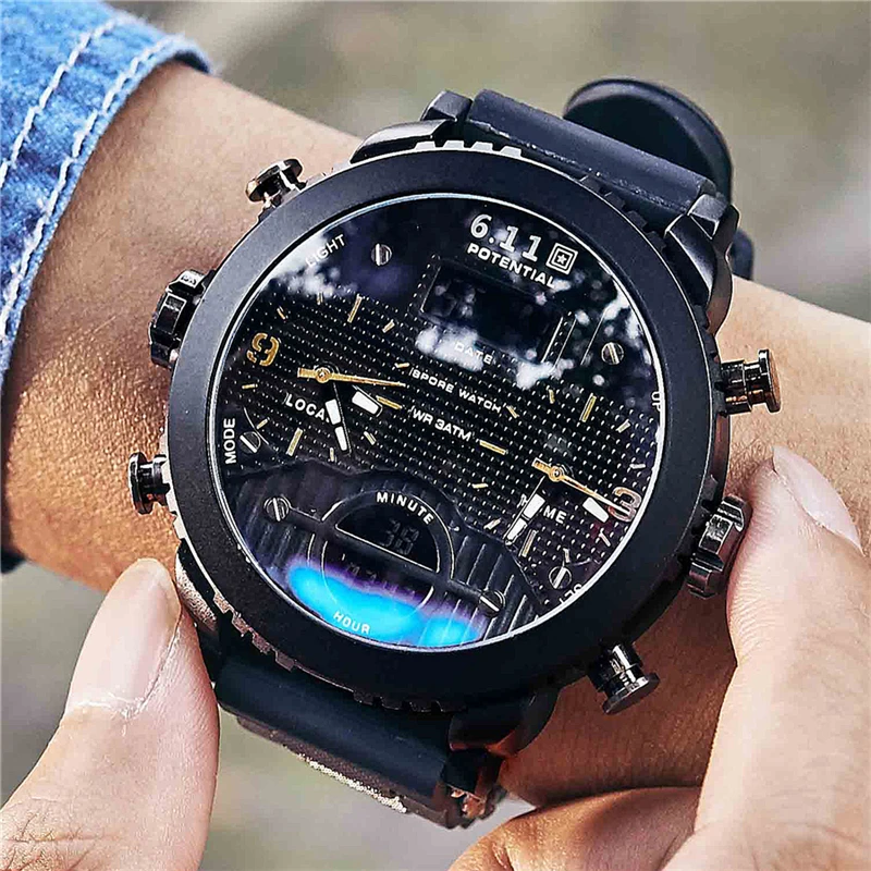 Billige 6,11 Neue Große Herren Uhr Sport Quarz Männer Armbanduhren Quarz Schwarz Led Digital Sport Uhr Männer Relogio Masculino